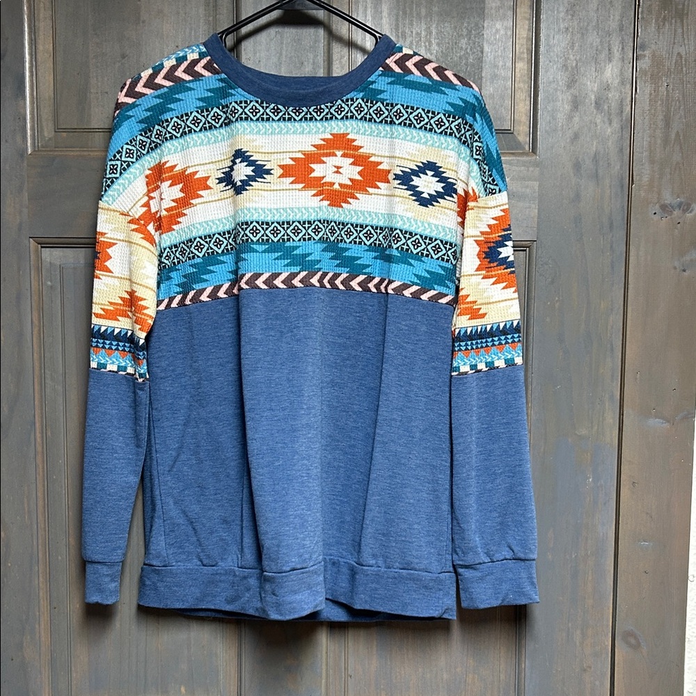 Western Style Blue Patterned Sweater